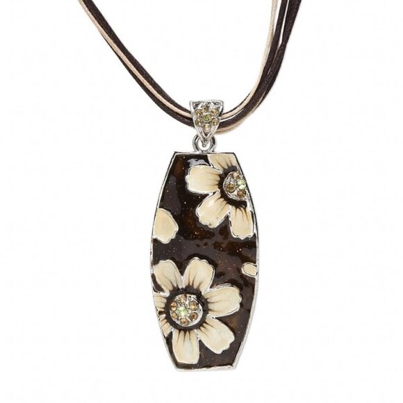 Austrian Crystal Enameled Flowers Tapered Rectangle Cotton Cord Pendant Necklace - Picture 1 of 2